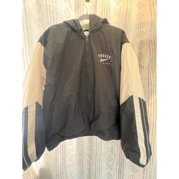Nike Other - Vintage Nike Jacket Big Logo Hooded Bomber Puffer Coat 90s Black White Sz L